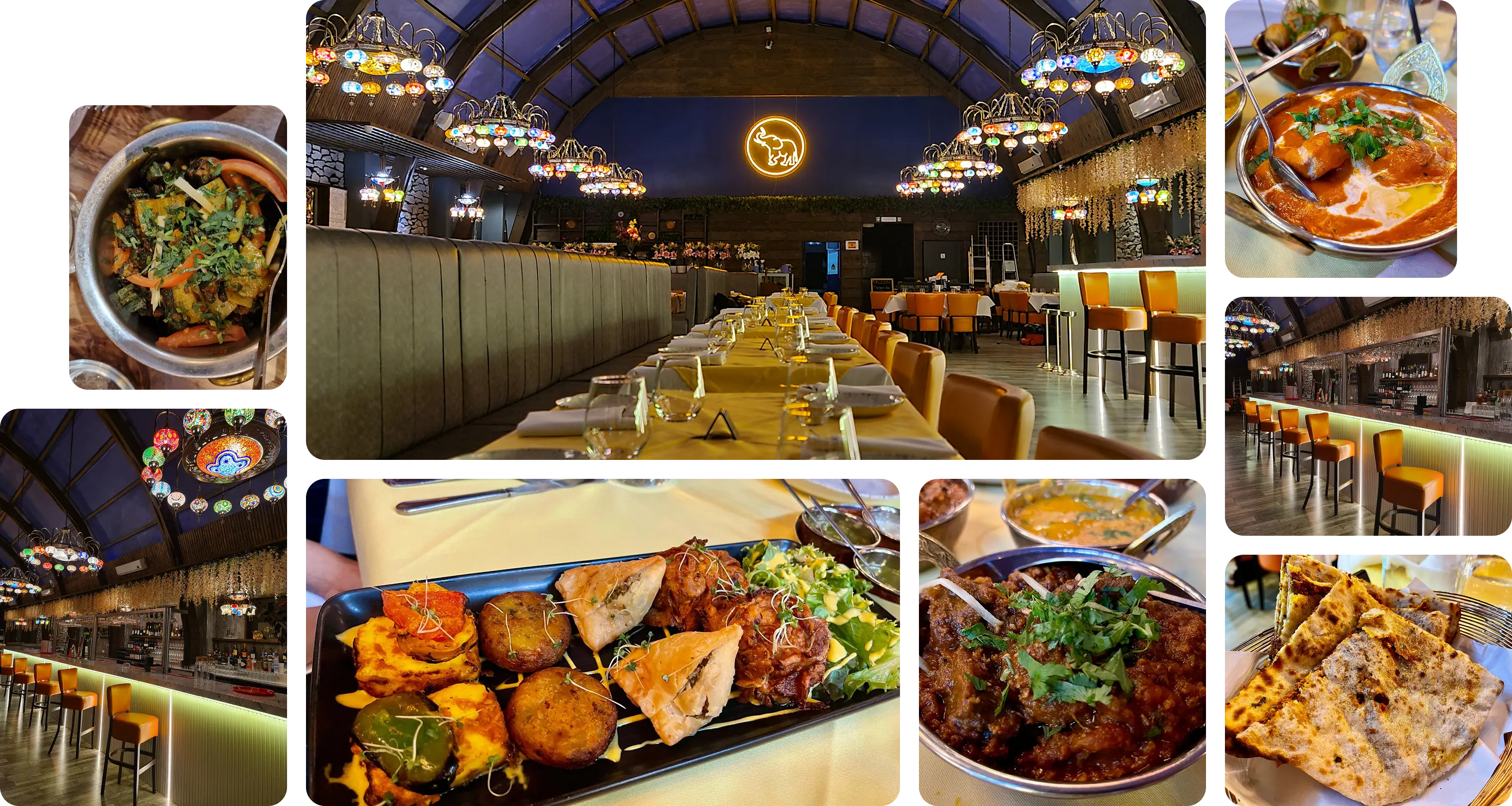 Gallery collage: dishes, interior, bar, and dining details from the restaurant.